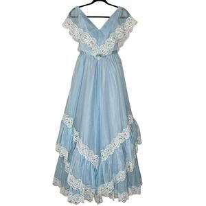 70s Size XS Prairie Maxi Dress Gown Chiffon Lace Ruffles Powder Blue